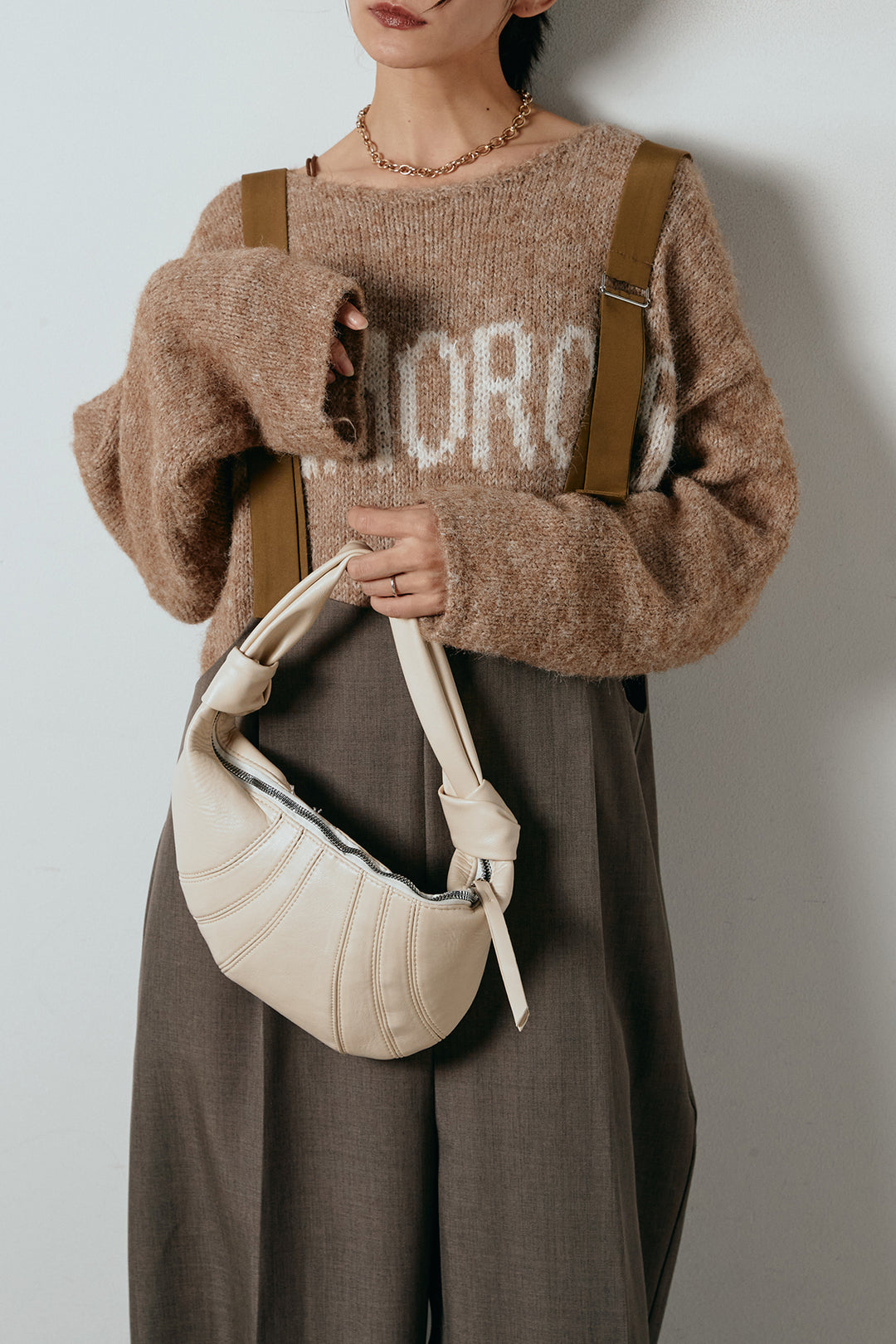 [SET]フロントロゴデザインニットトップス+ワイドツイルサロペット(2set)