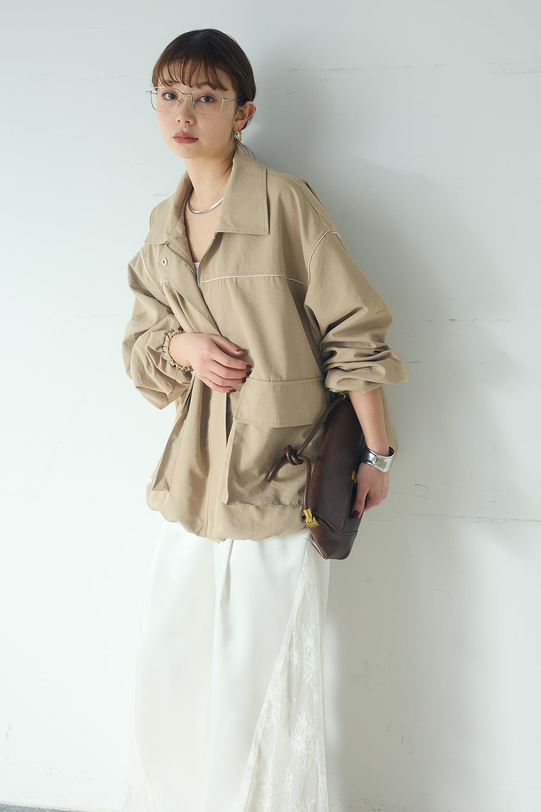 [SET]合繊ツイルバルーンジャケット+サテンレース切り替えタックパンツ(2set)