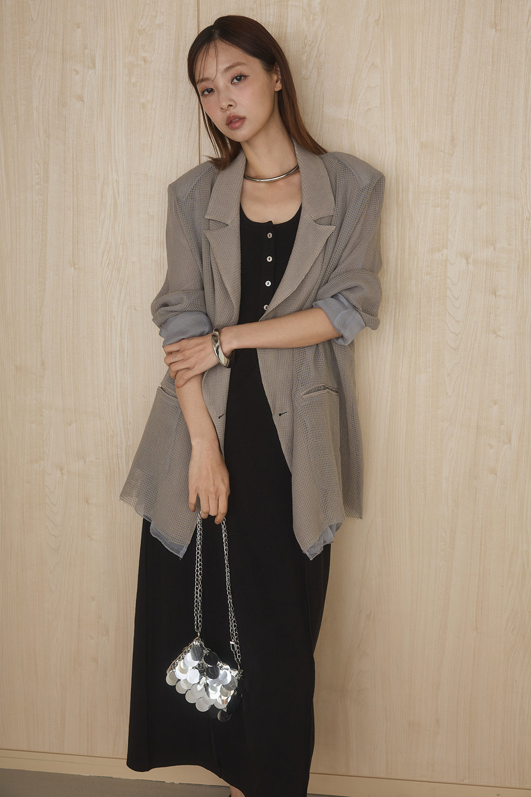 [SET]メッシュテーラードワイドジャケット+ノースリロングワンピース(2set)