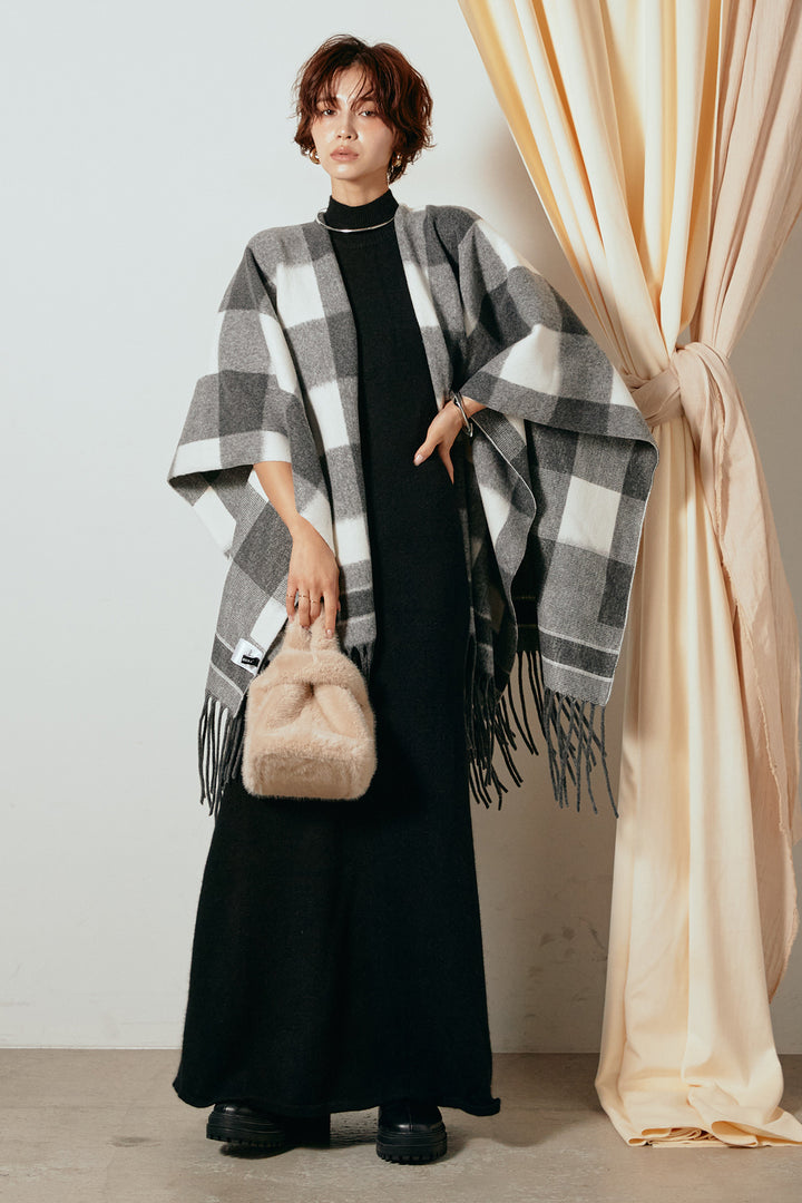 [SET]裾フリンジ柄ポンチョアウター+ノースリーブニットロングワンピース(2set)