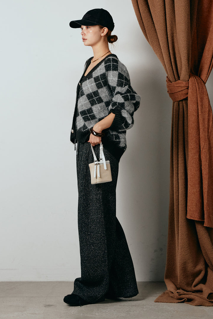 [SET]オーバーサイズ総柄Vネックニットカーディガン+杢ニットフレアパンツ(2set)