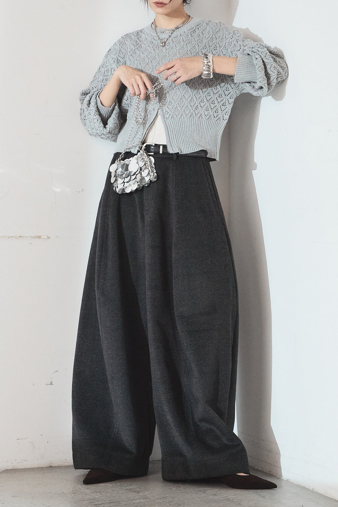 [SET]透かし編みニットジップスリットプルオーバー+ウールタッチカーブワイドパンツ(2set)
