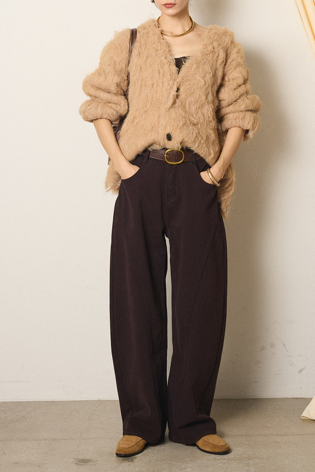 [SET]起毛シャギーニットカーディガン+ベルト付きカジュアルカーブワイドパンツ(2set)
