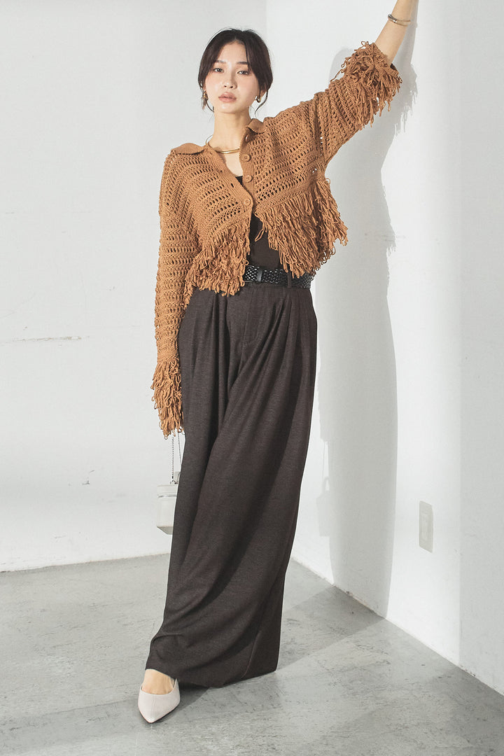 [SET]メッシュフリンジカーディガン+編みベルト付きウエストタックワイドパンツ(2set)