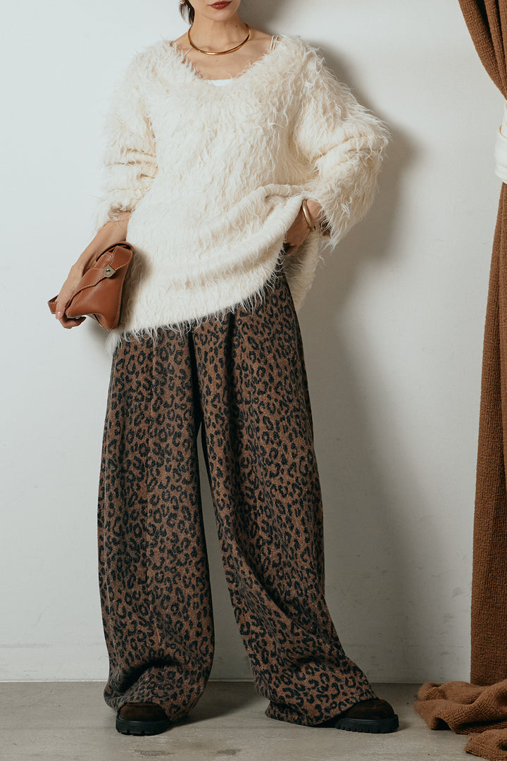 [SET]深Vネックシャギーニットトップス+リラックスレオパード柄ワイドパンツ(2set)
