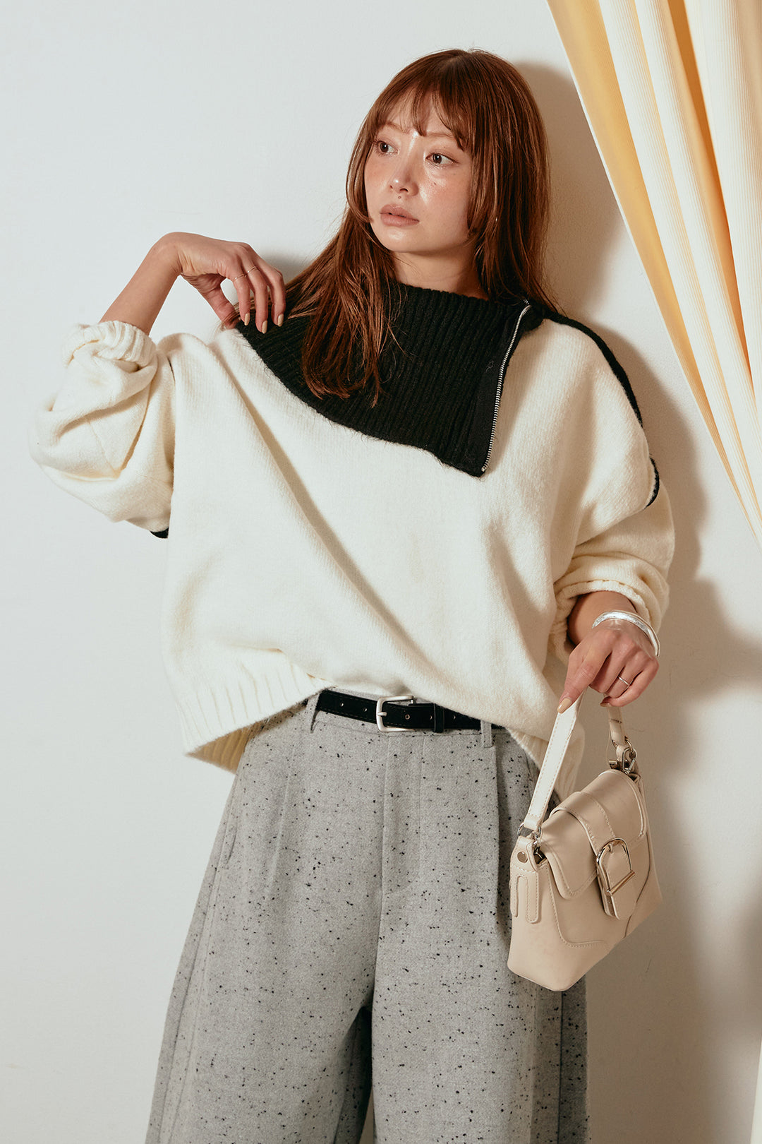 [SET]ハイネックジップデザインニットトップス+ベルト付きネップツイードカーブパンツ(2set)