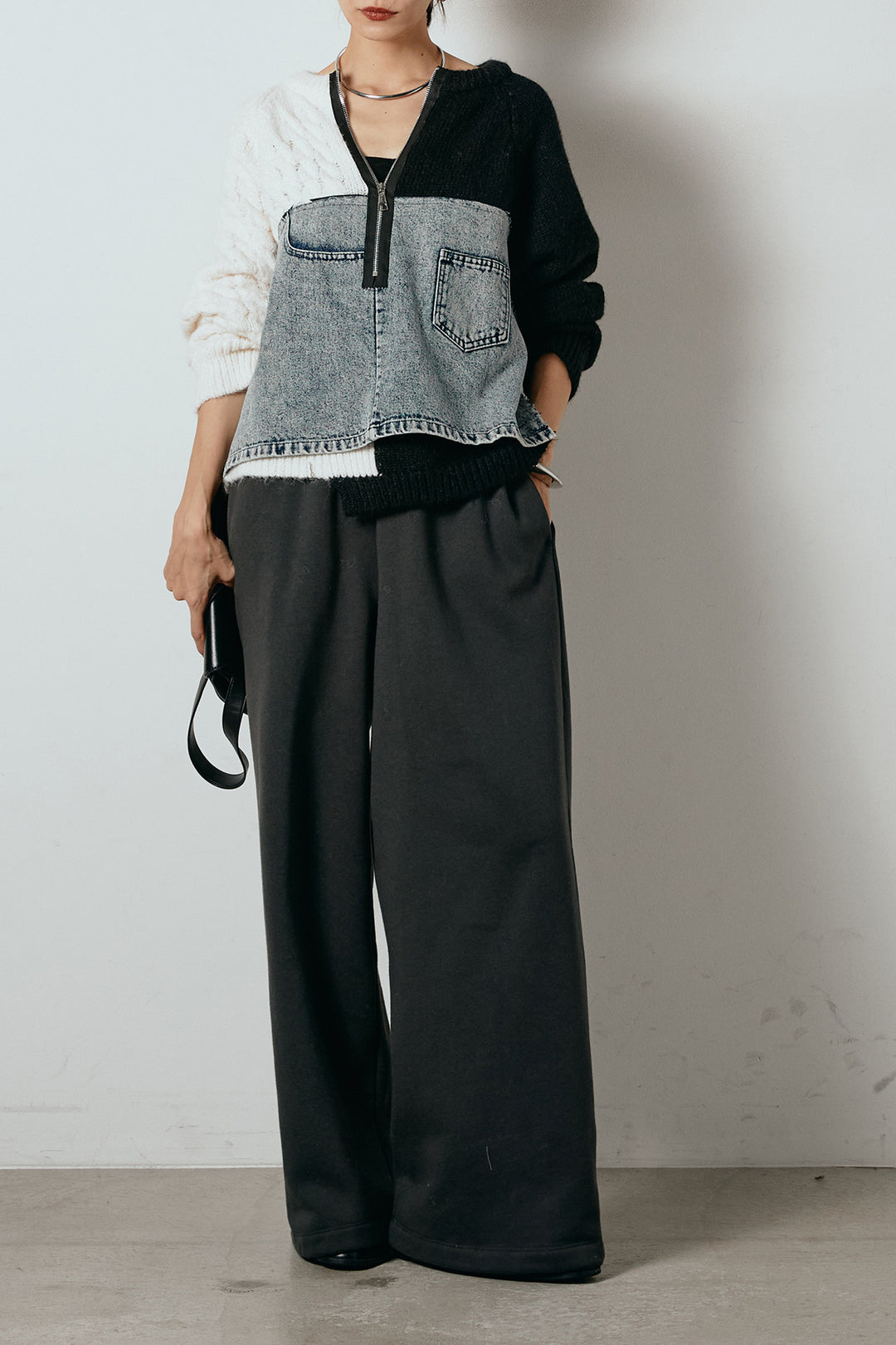 [SET]ハーフジップニットデニムドッキングトップス+裏起毛スウェットワイドパンツ(2set)