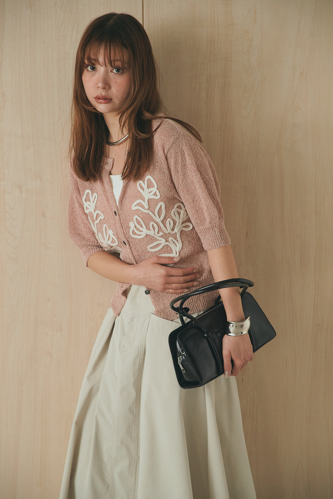 [SET]フロントテープデザイン半袖カーディガン+ミリタリーツイルタックフレアスカート(2set)