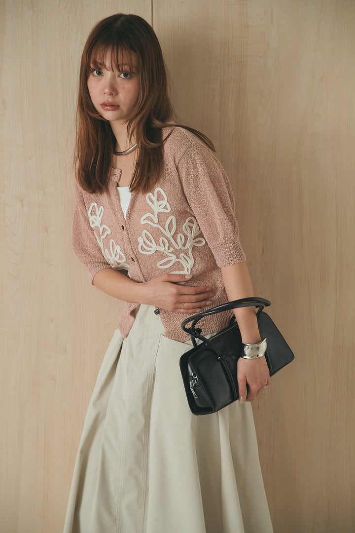 [SET]フロントテープデザイン半袖カーディガン+ミリタリーツイルタックフレアスカート(2set)