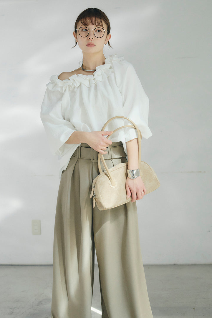 [SET]ネックフリルデザインブラウス+ベルト付きツータックワイドパンツ(2set)