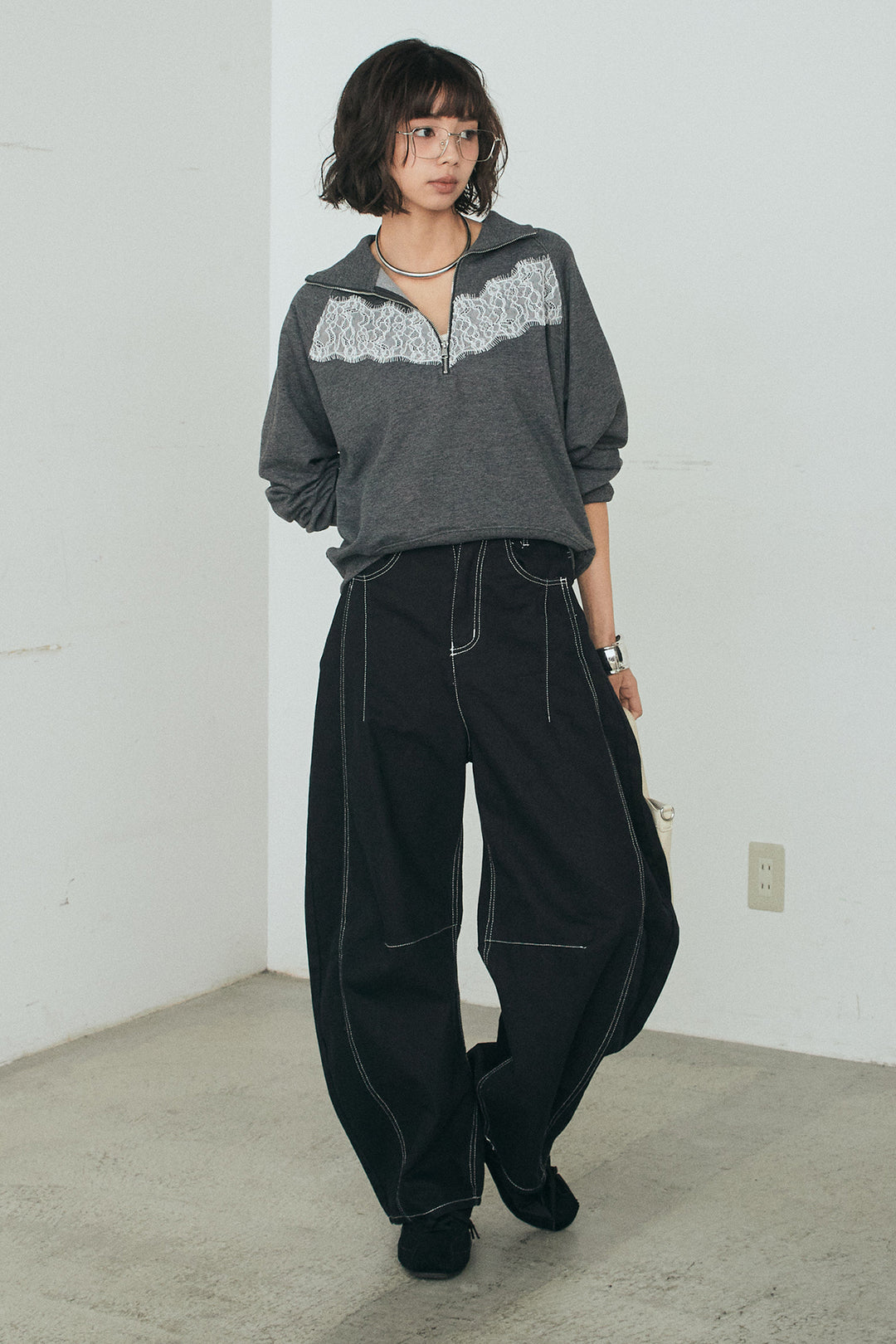 [SET]リバーレースハーフジップ裏毛スウェット+ツイル配色ステッチバレルパンツ(2set)