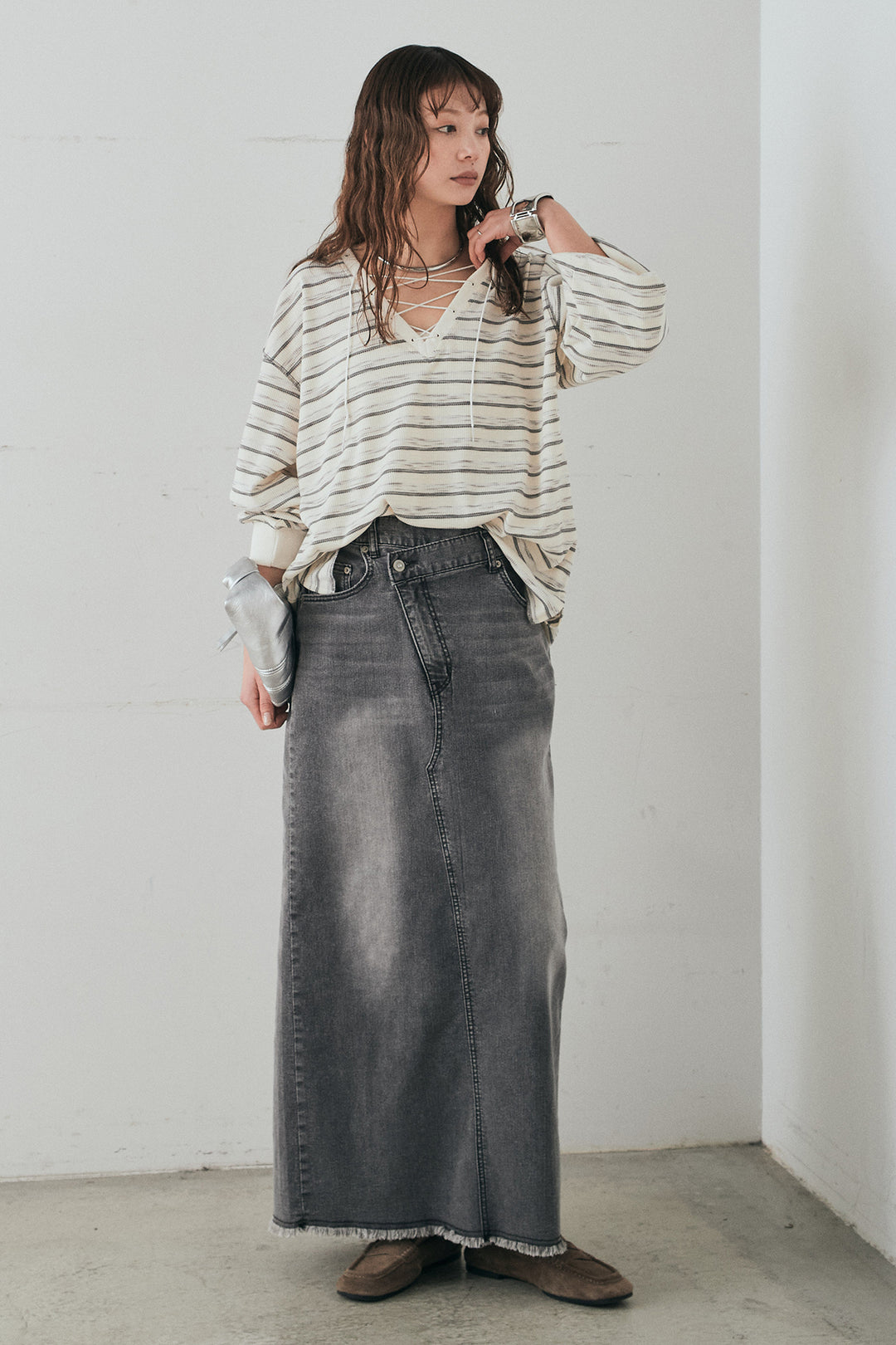 [SET]レースアップワッフルボーダートップス+ウエストクロスデニムタイトスカート(2set)