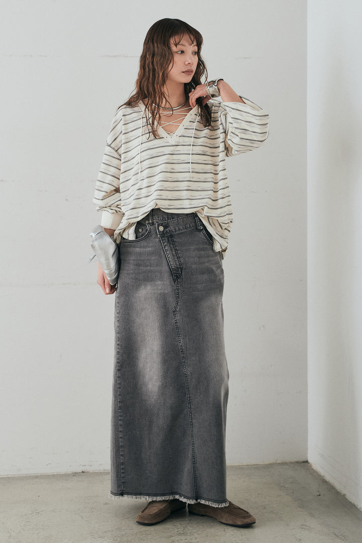 [SET]レースアップワッフルボーダートップス+ウエストクロスデニムタイトスカート(2set)