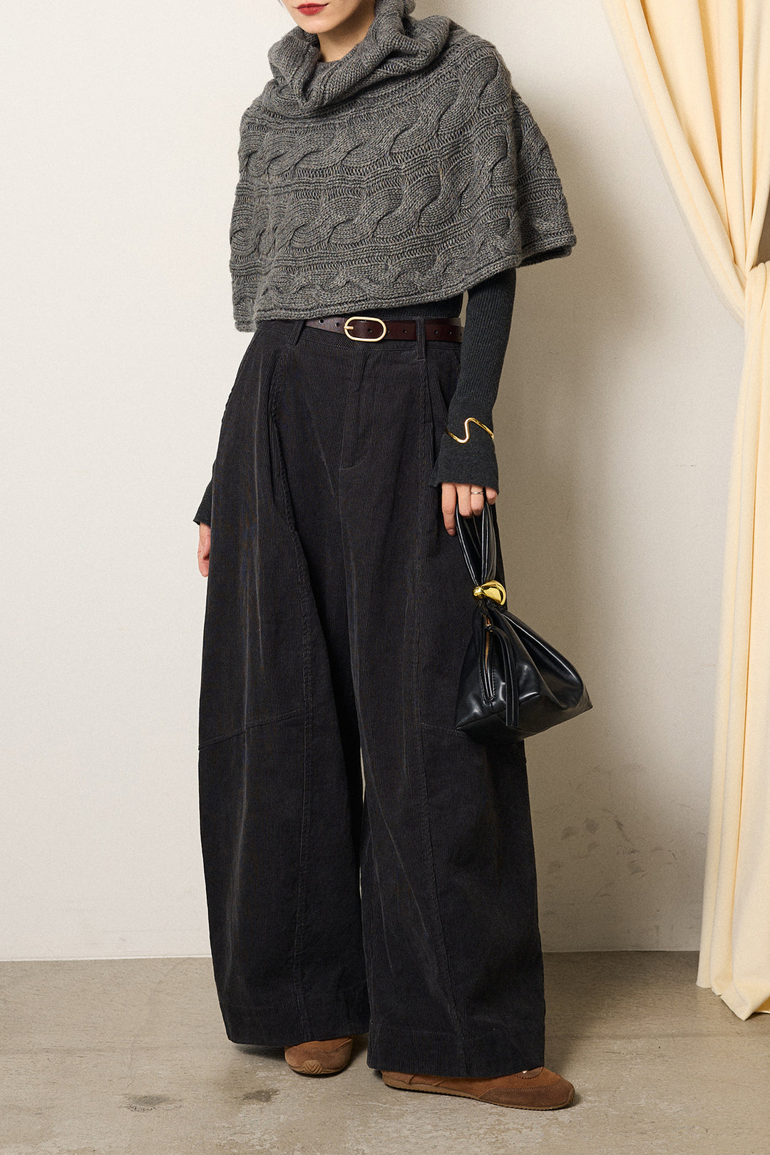 [SET]ケーブル編みケープレイヤードニット+タック入りコーデュロイワイドパンツ(2set)