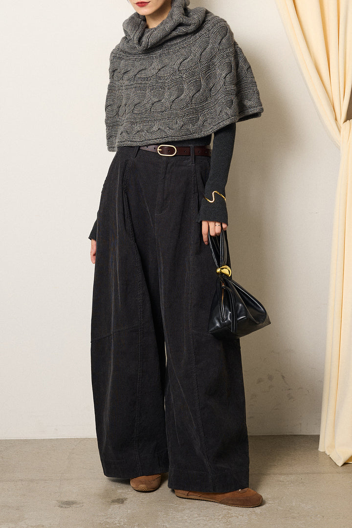 [SET]ケーブル編みケープレイヤードニット+タック入りコーデュロイワイドパンツ(2set)
