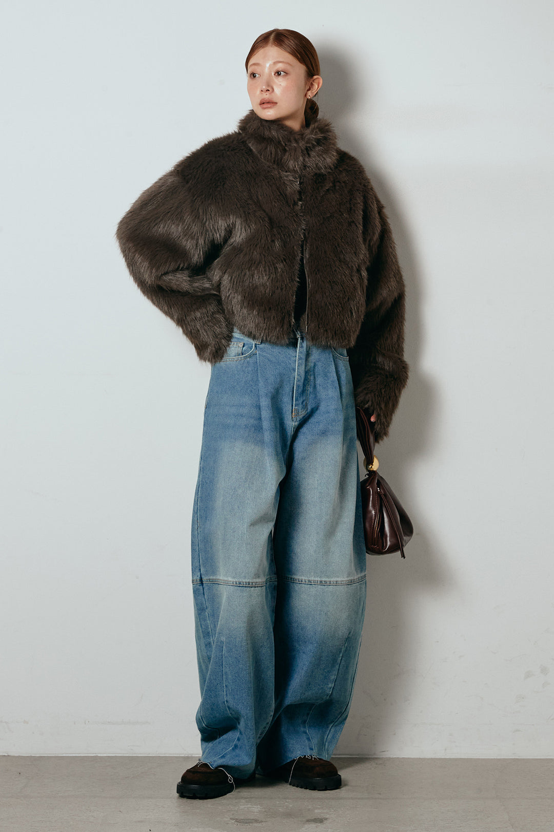 [SET]エコファーショート丈ブルゾン+加工デニムタックコクーンワイドパンツ(2set)