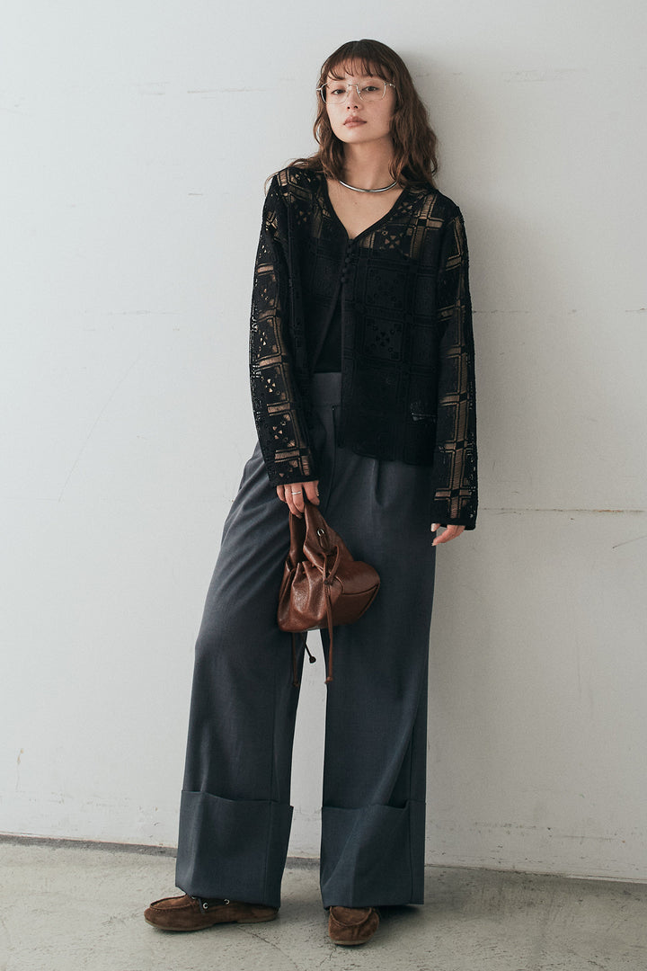 [SET]クロシェレースカーディガン+センタープレスセミワイドパンツ(2set)