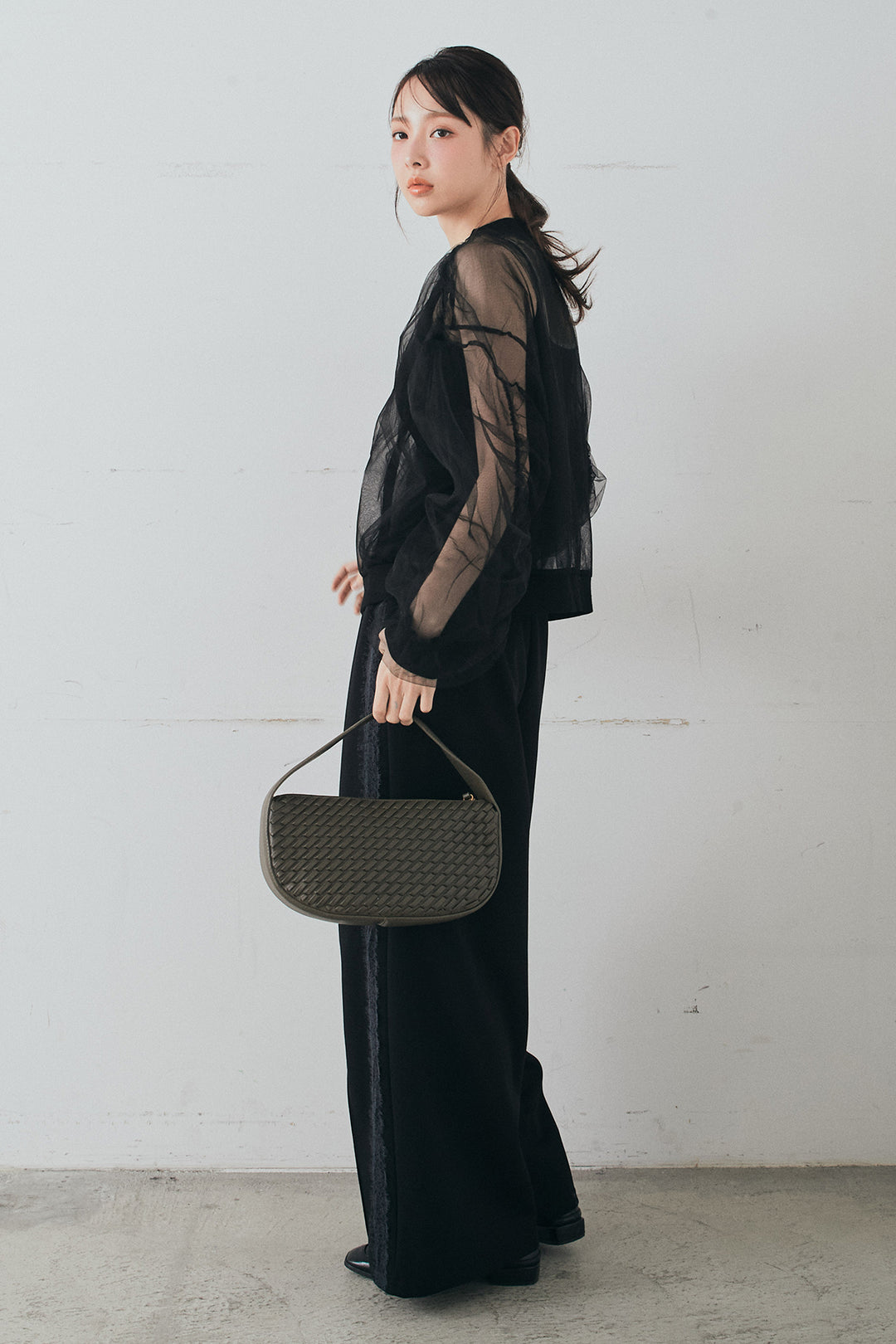 [SET]エアリーチュールスリーブシアーブルゾン+Wフェイスカットソーサイドレースラインパンツ(2set)