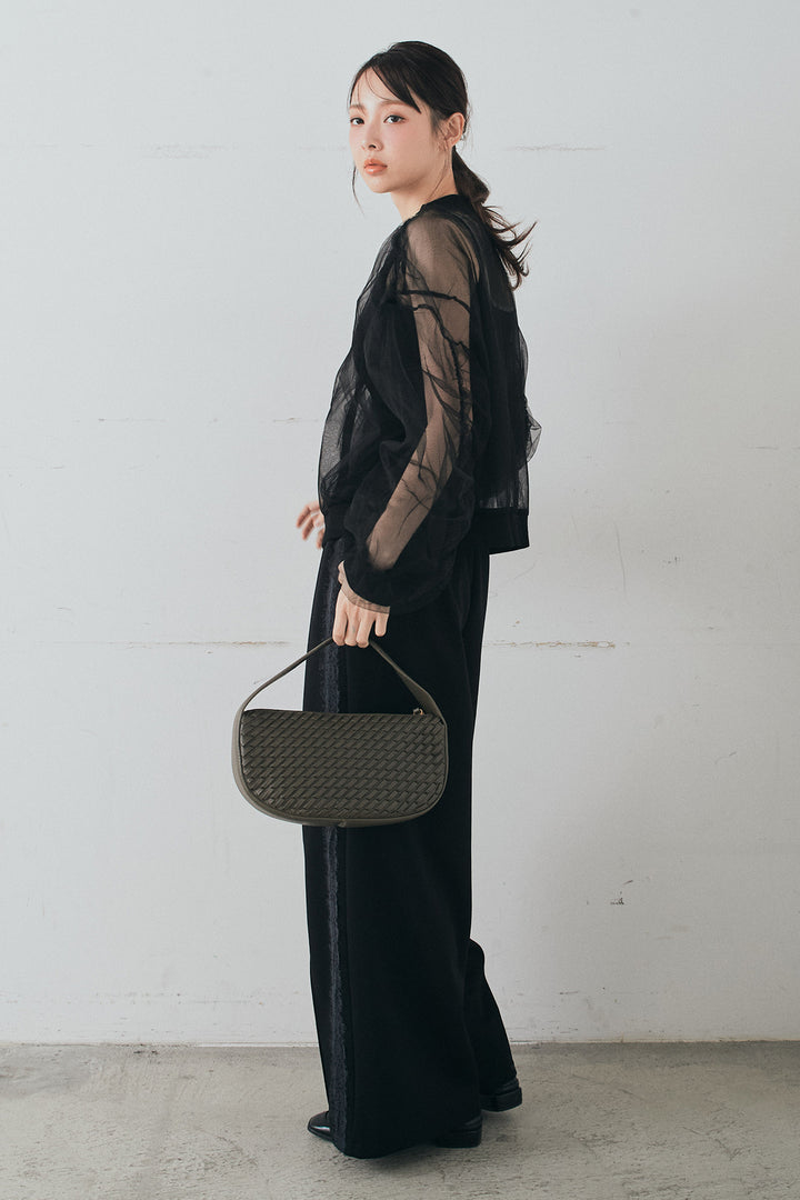 [SET]エアリーチュールスリーブシアーブルゾン+Wフェイスカットソーサイドレースラインパンツ(2set)