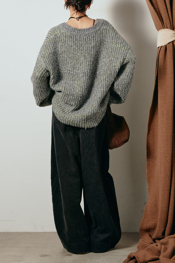 [SET]アルパカタッチ深Vニットトップス+タック入りコーデュロイワイドパンツ(2set)
