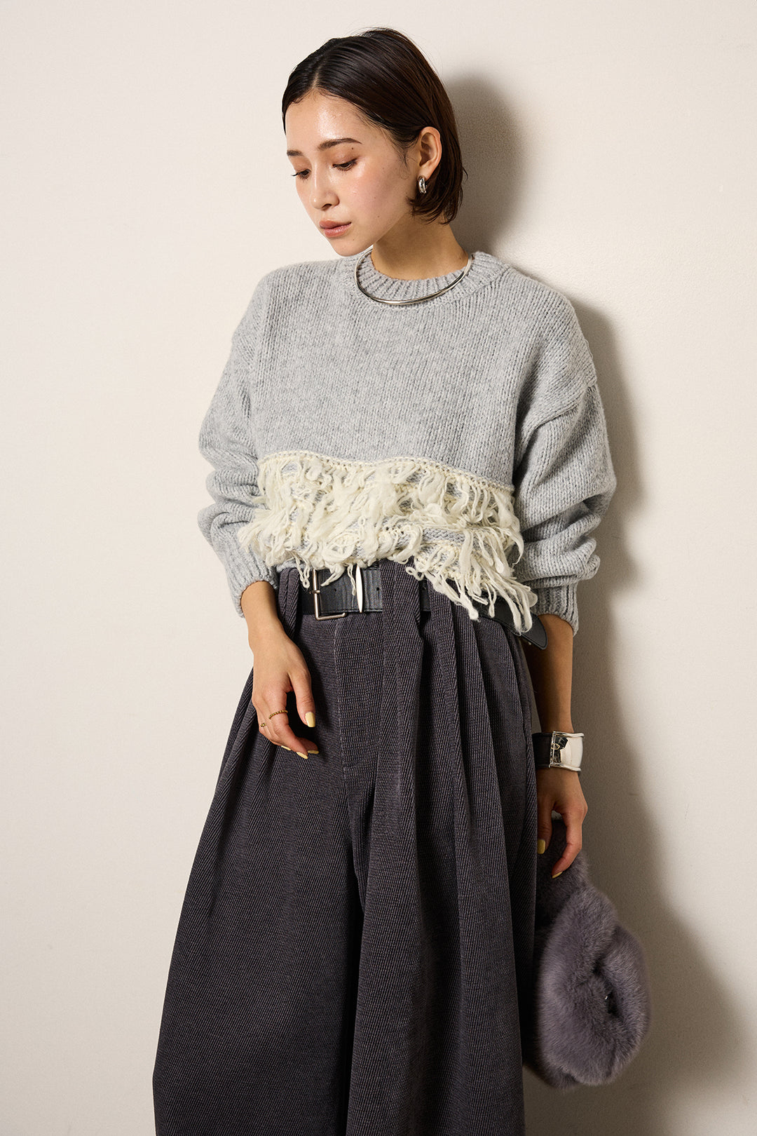 [SET]ループ編み切り替えニットプルオーバー+ベルトループコーデュロイワイドパンツ(2set)