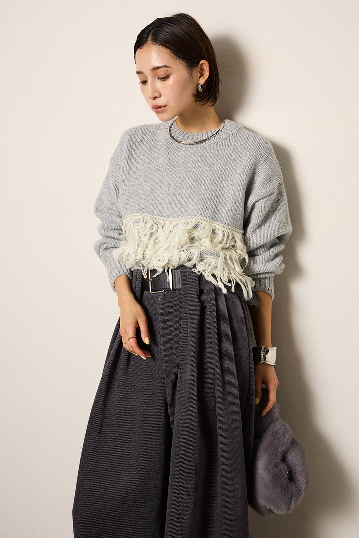 [SET]ループ編み切り替えニットプルオーバー+ベルトループコーデュロイワイドパンツ(2set)