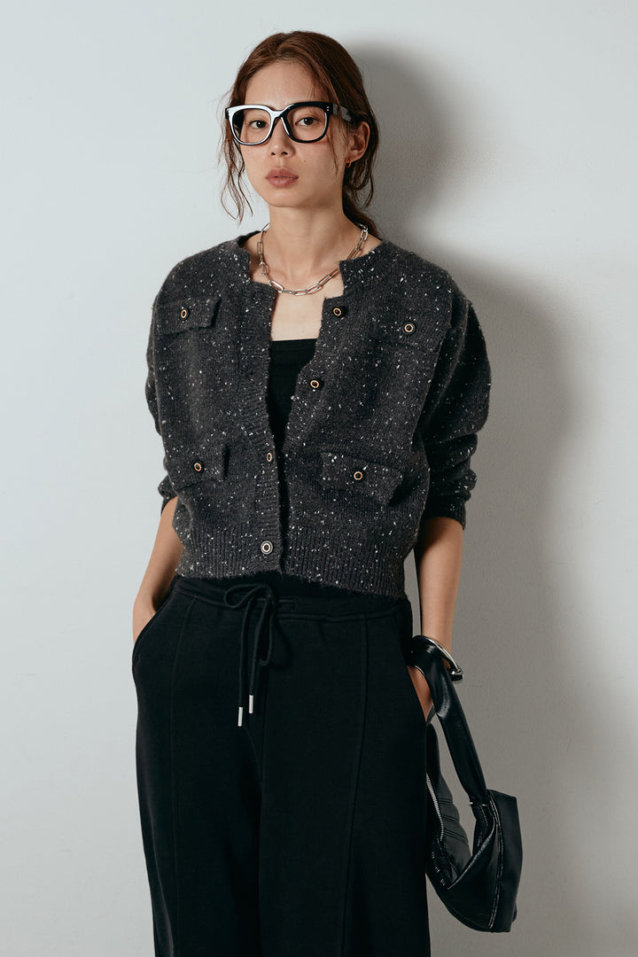 [SET]ネップニットカーディガン+スウェットワイドカーブパンツ(2set)