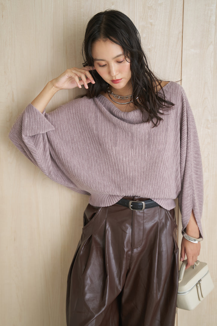[SET]ドルマンスリーブクロップドリブニット+レザーライクタックワイドパンツ(2set)