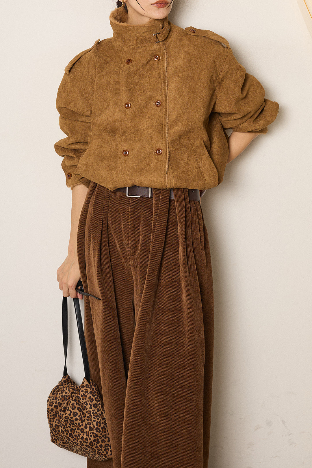 [SET]スタンド襟スウェードライクアウター+ベルトループコーデュロイワイドパンツ(2set)