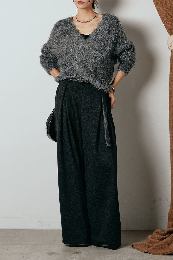 [SET]シャギークロスニットトップス+細ベルト付き起毛タックワイドパンツ(2set)
