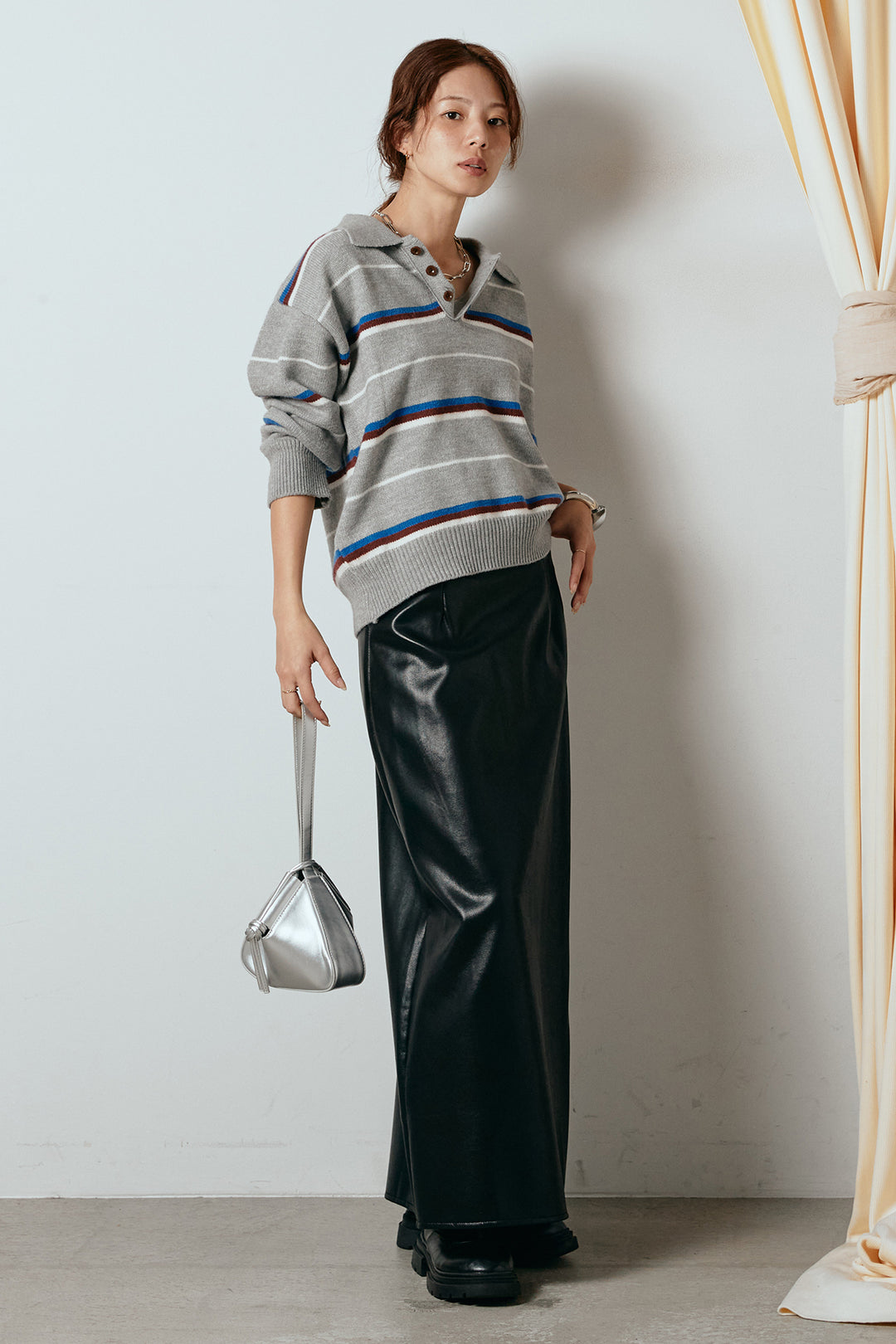 [SET]襟付きマルチボーダーニットポロトップス+紐付きフェイクレザーワイドスカート(2set)