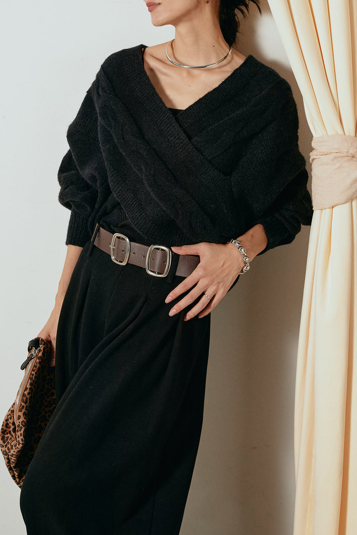 [SET]ケーブルカシュクールニットトップス+フェイクレザー太ベルト付きタックワイドパンツ(2set)