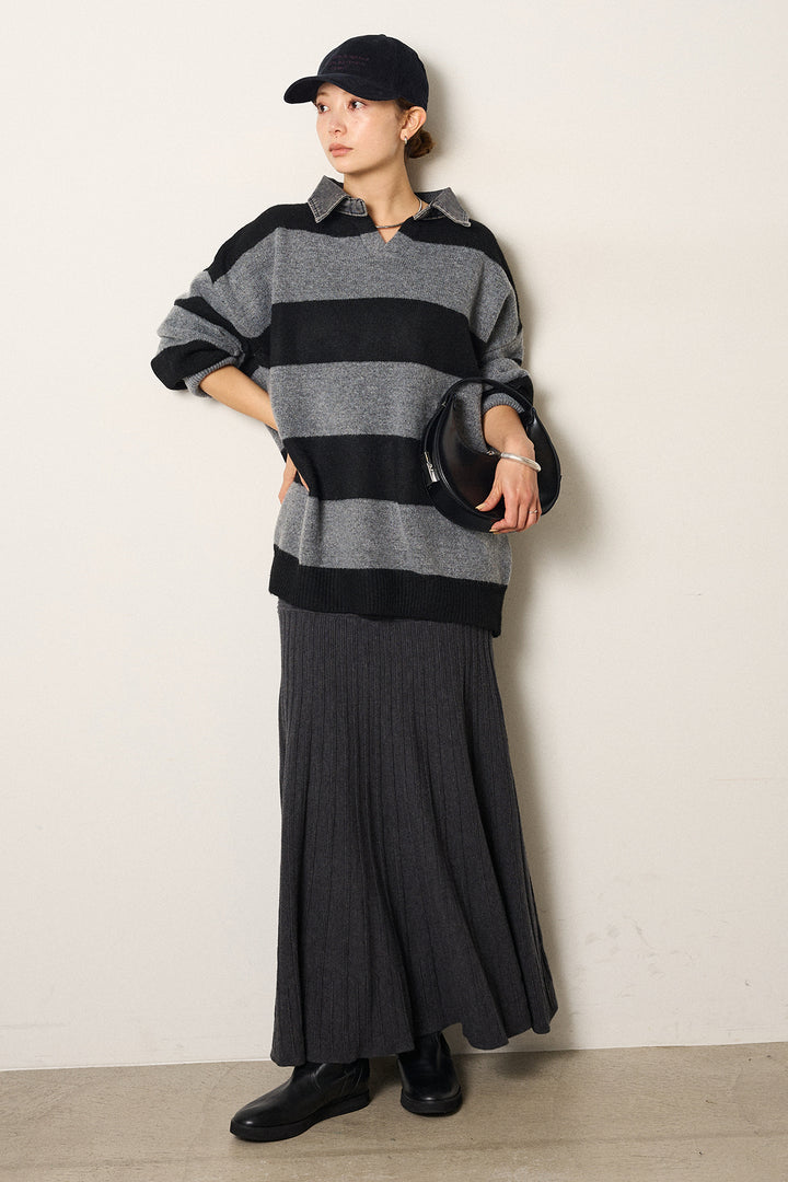 [SET]デニムカラーボーダールーズニット+編み地切り替えフレアニットスカート(2set)