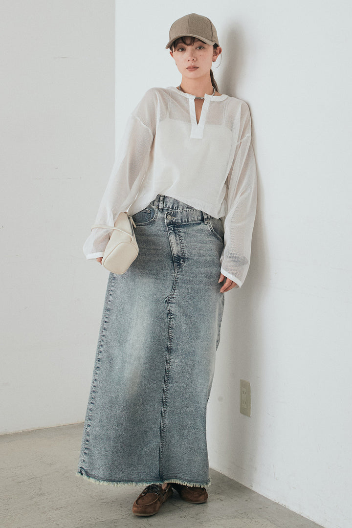 [SET]メッシュカットソースキッパープルオーバー+ウエストクロスデニムタイトスカート(2set)