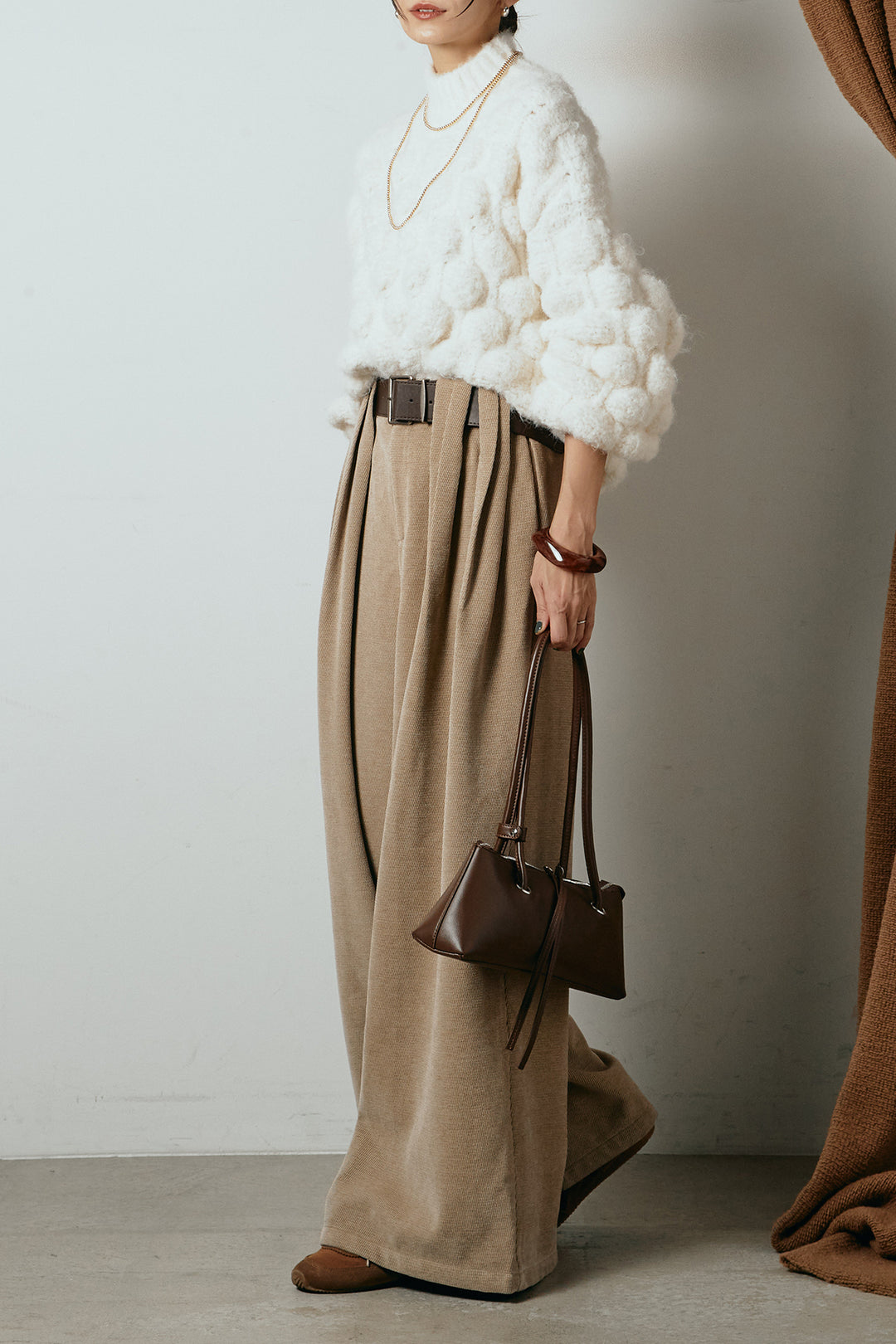 [SET]ボリュームポップコーンニットトップス+ベルトループコーデュロイワイドパンツ(2set)