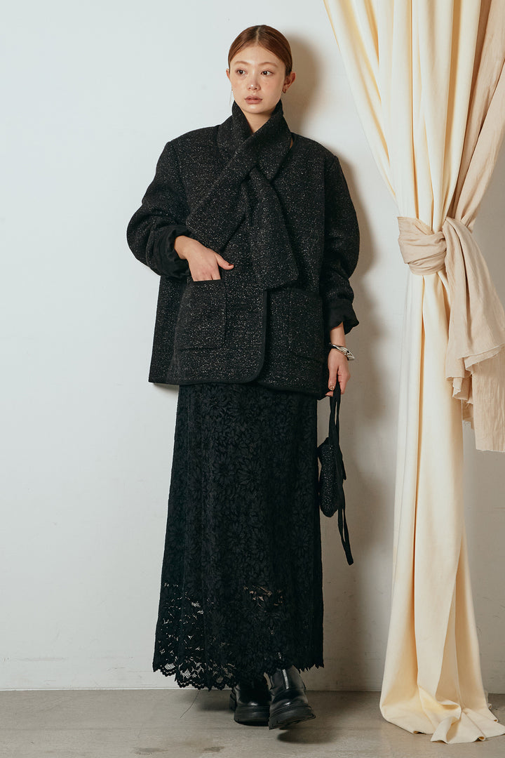 [SET]ノーカラーマフラーバッグ付きアウター+花柄刺繍ベロアフレアスカート(2set)