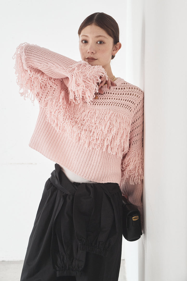 [SET]メッシュフリンジ切り替えプルオーバー+合繊ツイルスタンドウエスト巻きジョガーパンツ(2set)