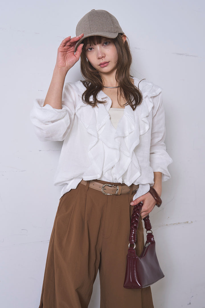 [SET]フリルボタンブラウス+ドライタフタタックバレルパンツ(2set)