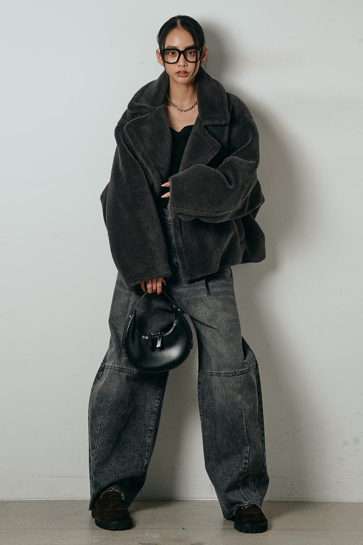 【2月中旬発送】
[SET]テディボアショートジャケット+加工デニムタックコクーンワイドパンツ(2set)