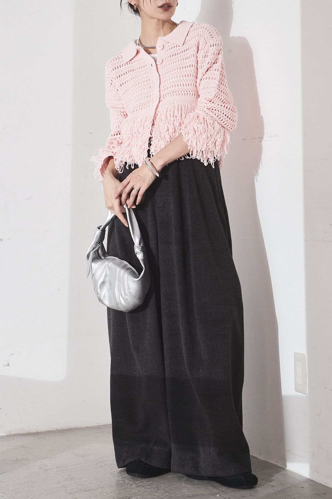 [SET]メッシュフリンジカーディガン+ウールタッチカーブワイドパンツ(2set)
