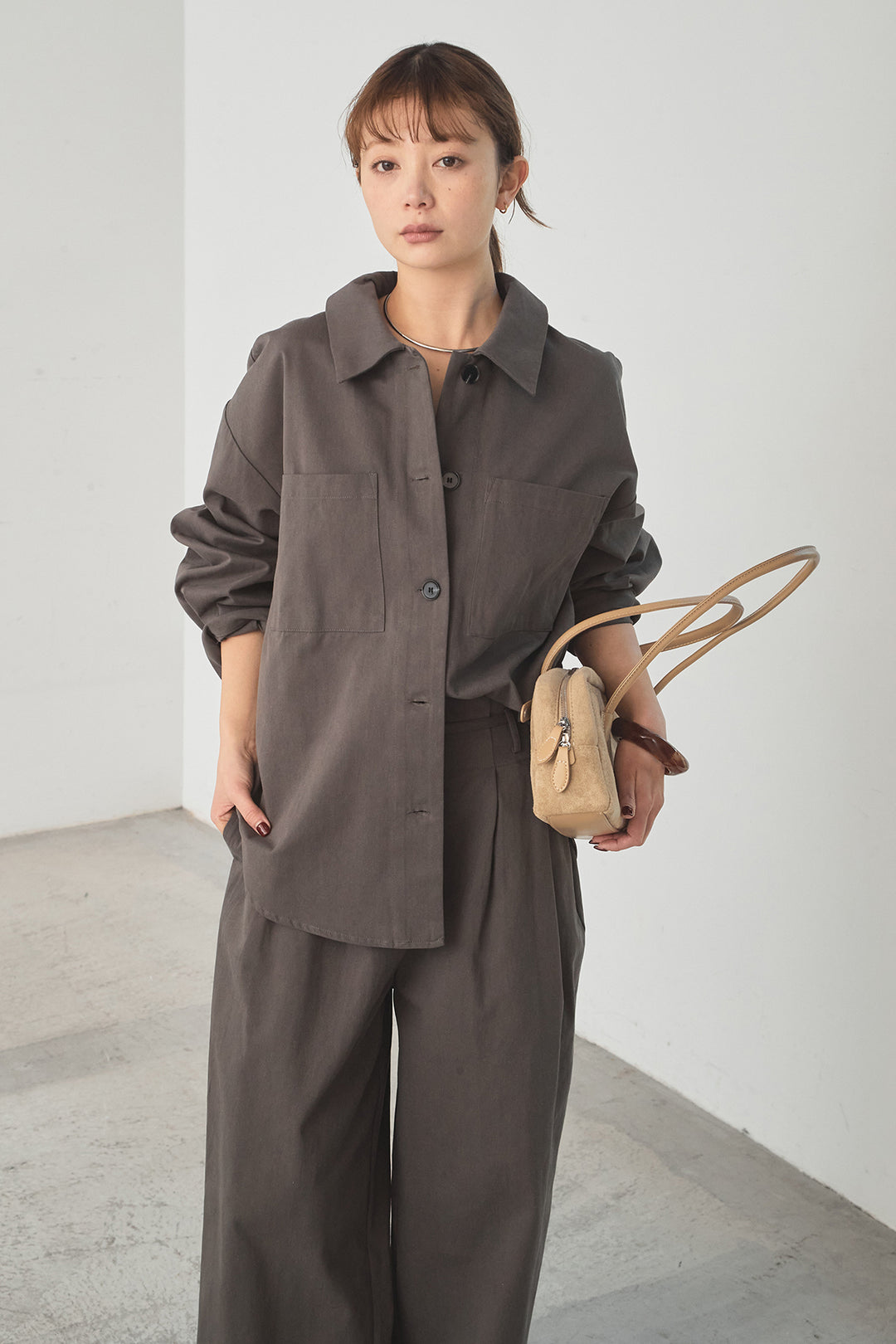 [SET]ツイルシャツジャケット+ツイルハイウエストタックパンツ(2set)