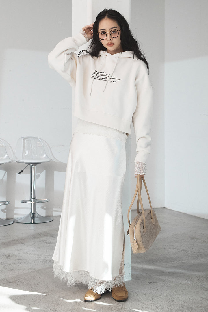 [SET]裏起毛レタリング刺繍フーディショートプルオーバー+ストレッチレースクルーネックインナー(2set)