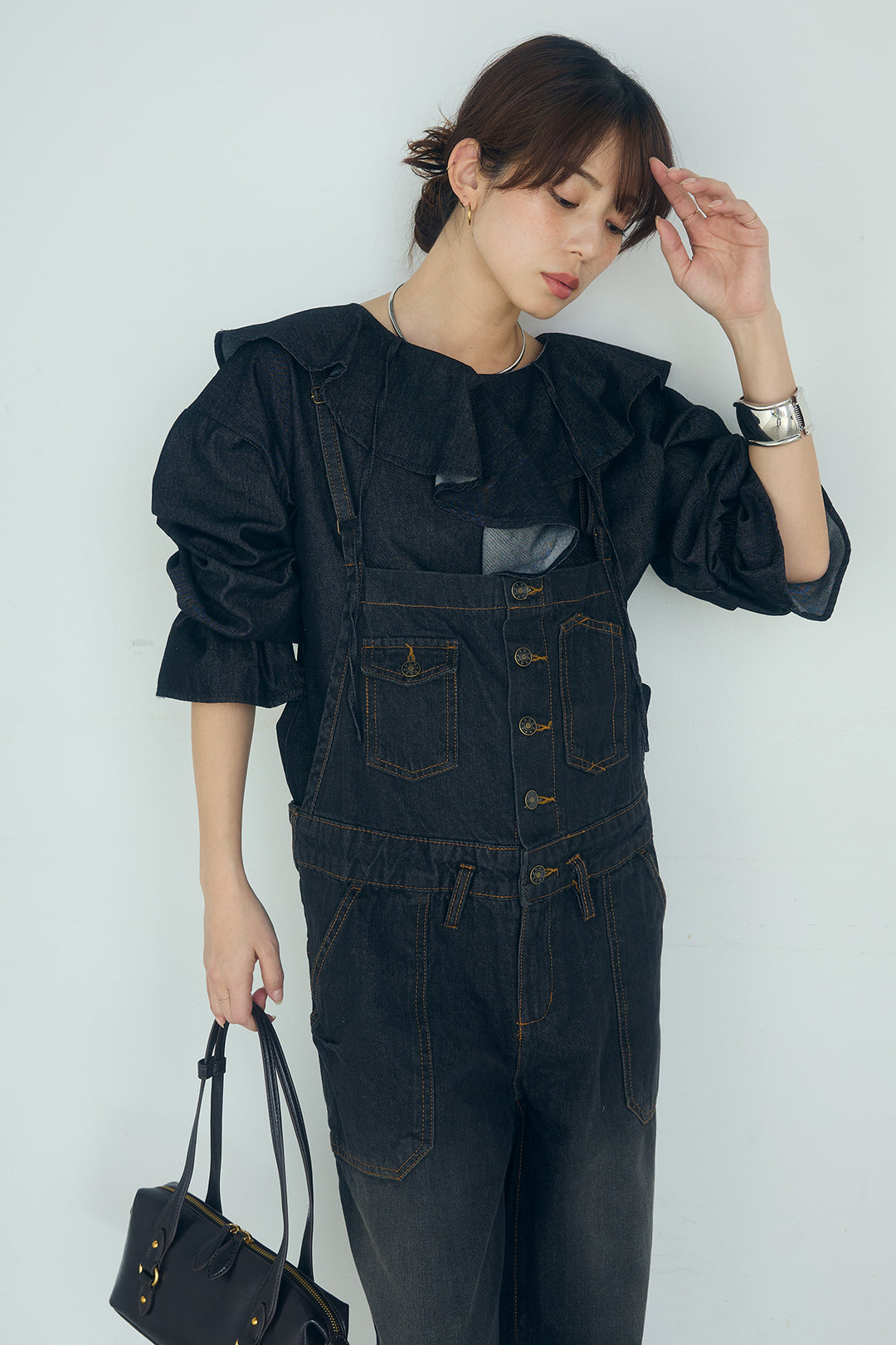[SET]デニムフリルブラウス+デニムサロペットワイドパンツ(2set)