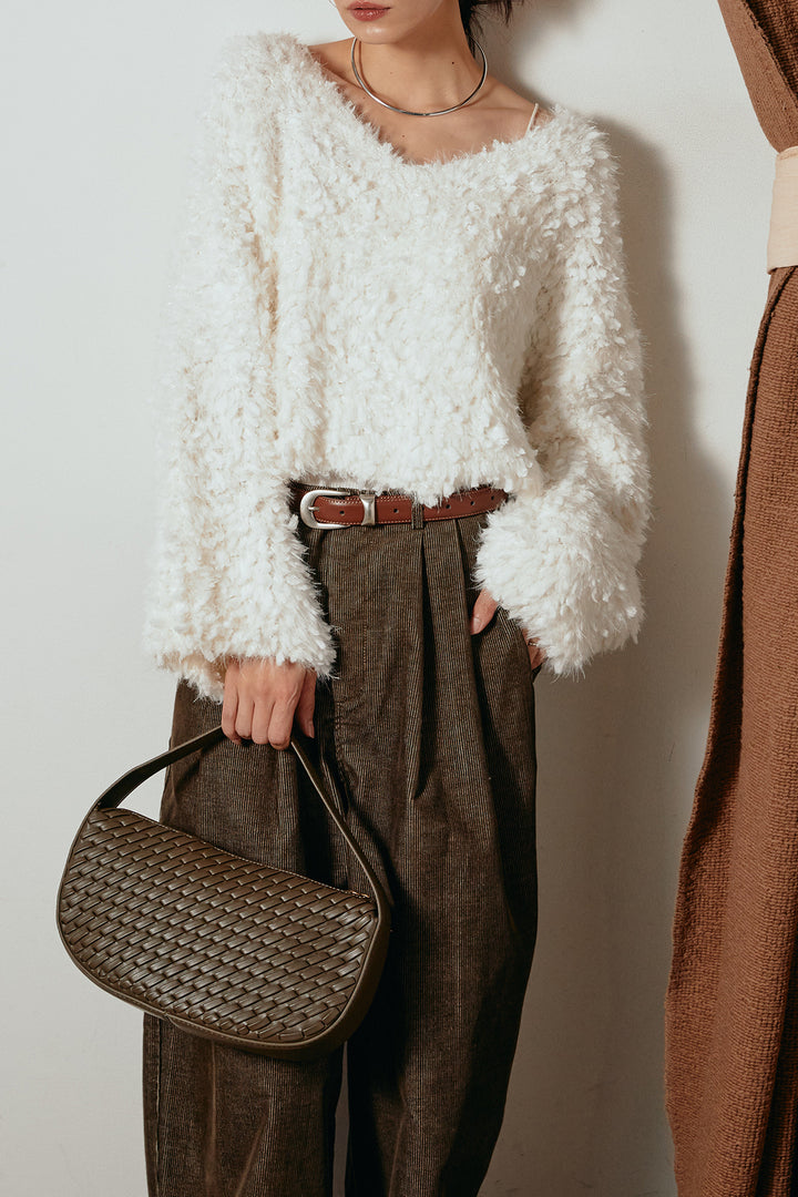 [SET]深Vネックチョウチョヤーンニットトップス+フロントタック入りコーデュロイパンツ(2set)