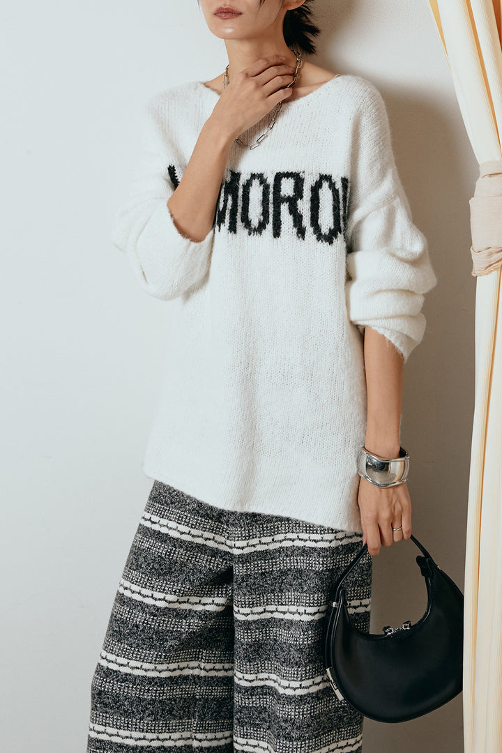 [SET]フロントロゴデザインニットトップス+マルチライン柄リラックスニットパンツ(2set)