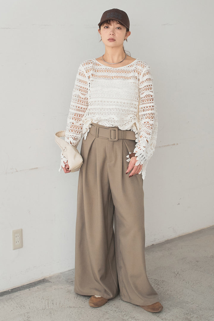[SET]裾デザインメッシュプルオーバー+ベルト付きツータックワイドパンツ(2set)