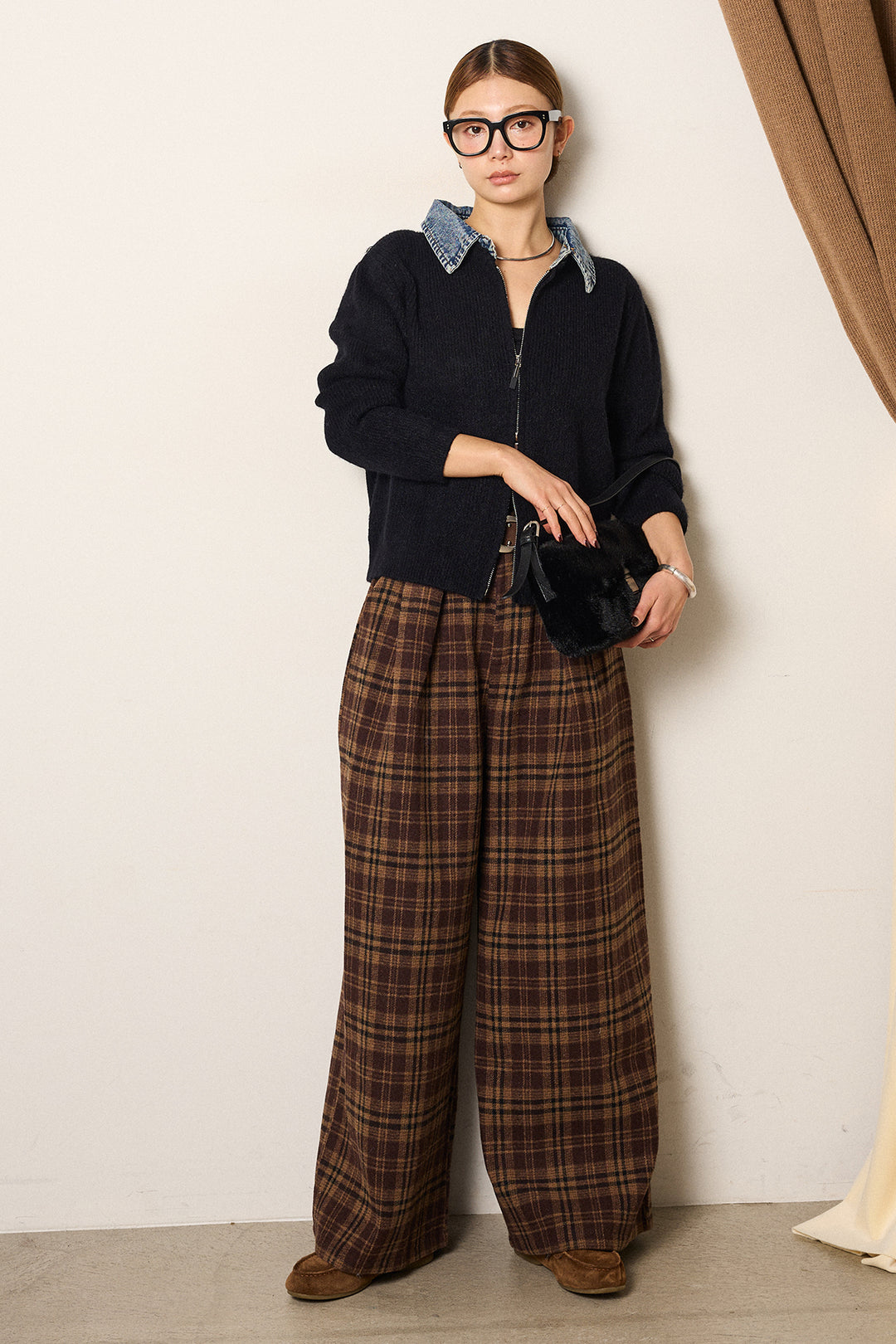 [SET]デニム襟ダブルジップニットトップス+スタッズデザインベルトタータンチェックパンツ(2set)