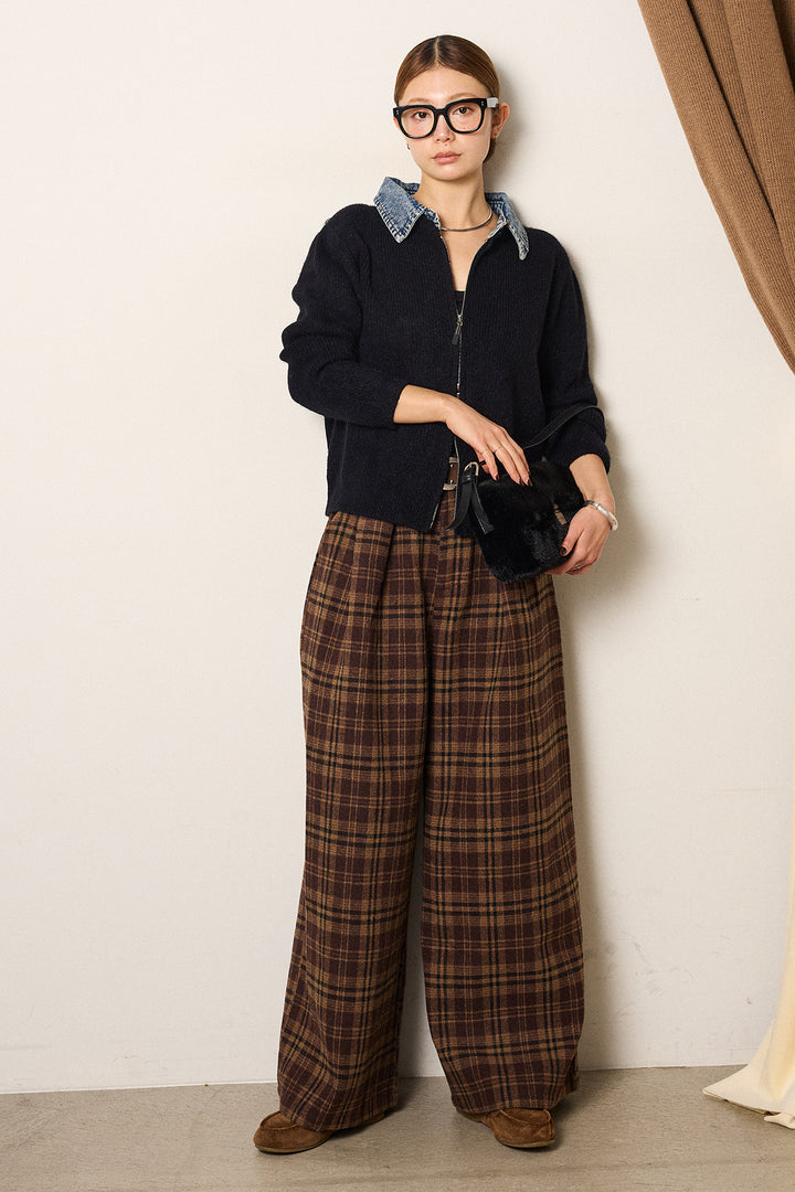 [SET]デニム襟ダブルジップニットトップス+スタッズデザインベルトタータンチェックパンツ(2set)