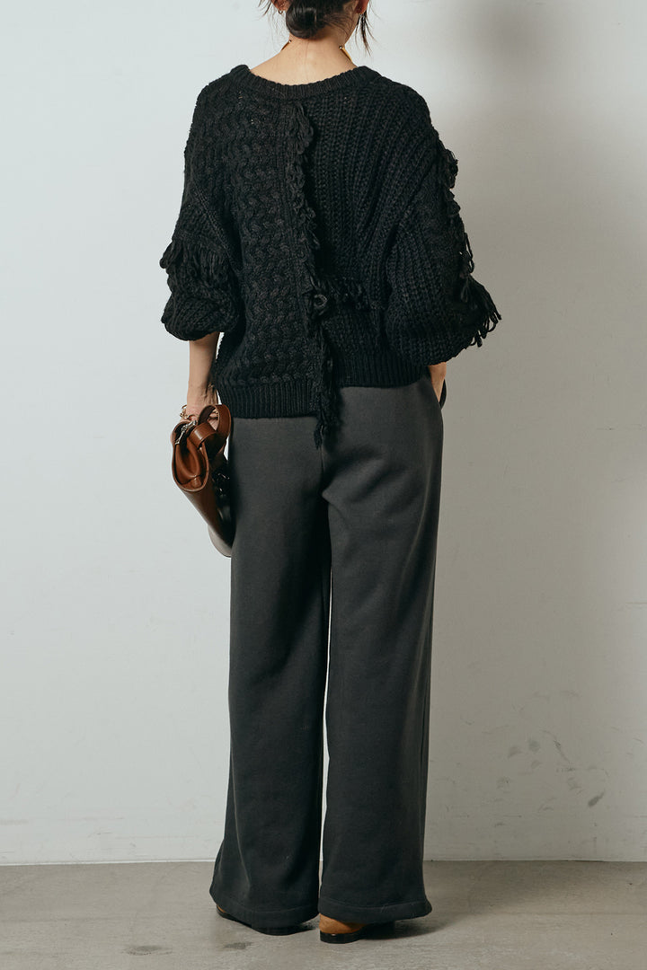 [SET]ランダムフリンジニットカーディガン+裏起毛スウェットワイドパンツ(2set)
