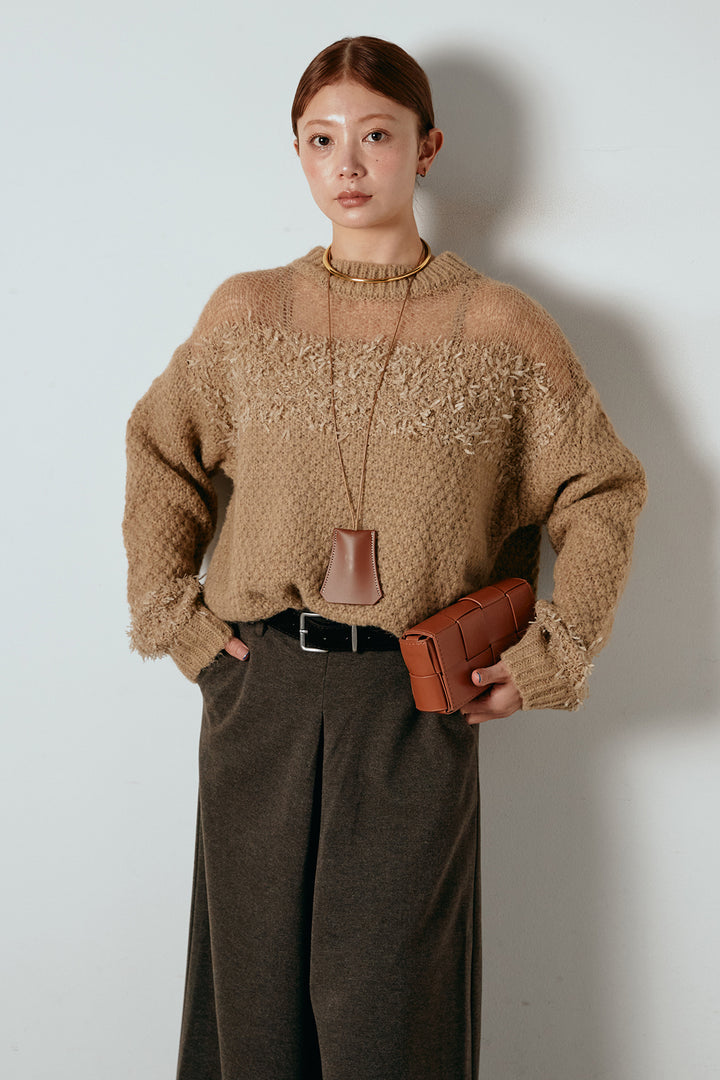 [SET]パターンランダム編みニットトップス+ベルト付きフロントタックデザインパンツ(2set)